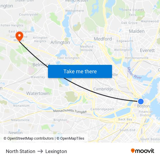 North Station to Lexington map