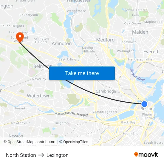 North Station to Lexington map