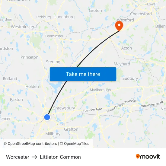 Worcester to Littleton Common map