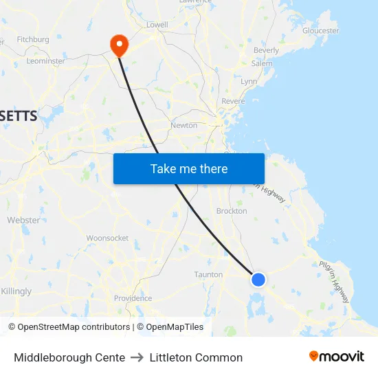 Middleborough Cente to Littleton Common map