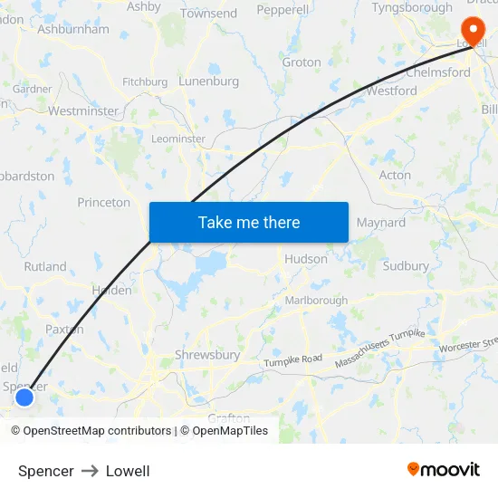 Spencer to Lowell map
