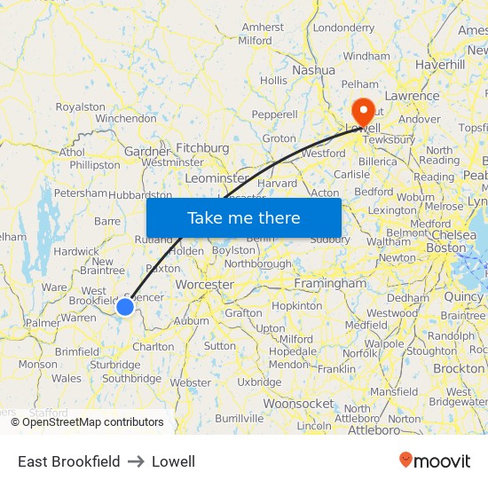 East Brookfield to Lowell map