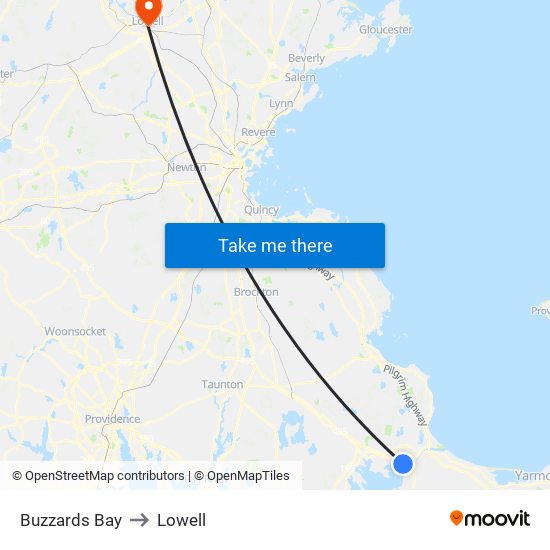 Buzzards Bay to Lowell map