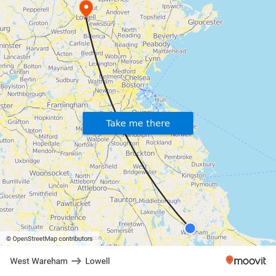 West Wareham to Lowell map