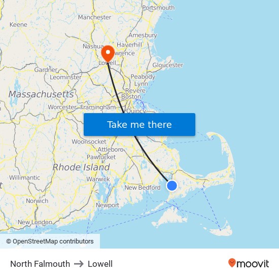 North Falmouth to Lowell map