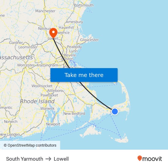 South Yarmouth to Lowell map