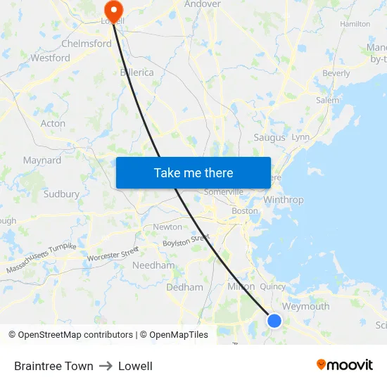 Braintree Town to Lowell map