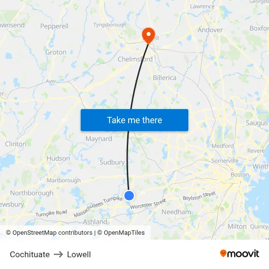 Cochituate to Lowell map
