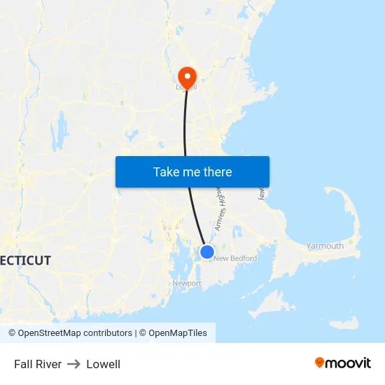 Fall River to Lowell map