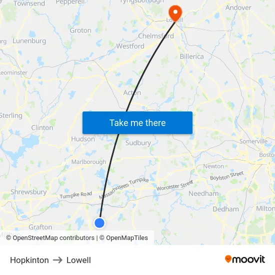 Hopkinton to Lowell map