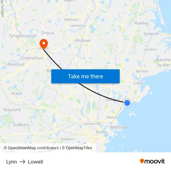 Lynn to Lowell map