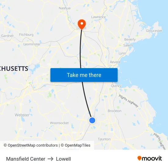 Mansfield Center to Lowell map