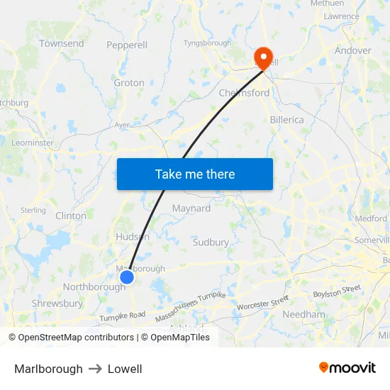 Marlborough to Lowell map