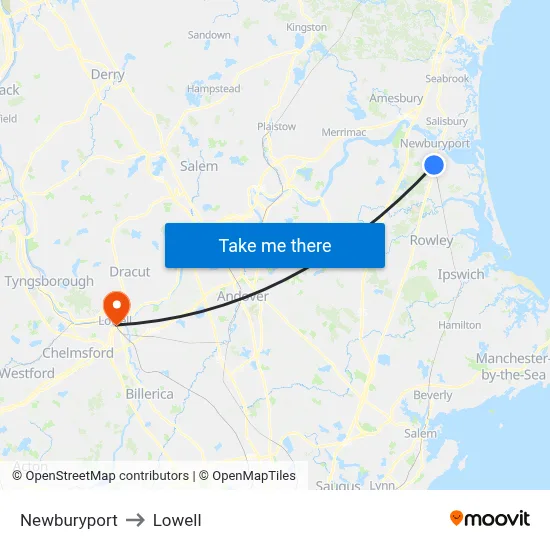 Newburyport to Lowell map
