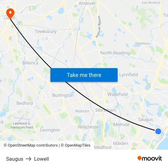 Saugus to Lowell map