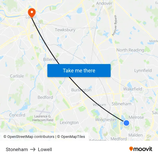 Stoneham to Lowell map