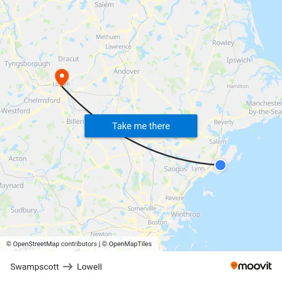 Swampscott to Lowell map