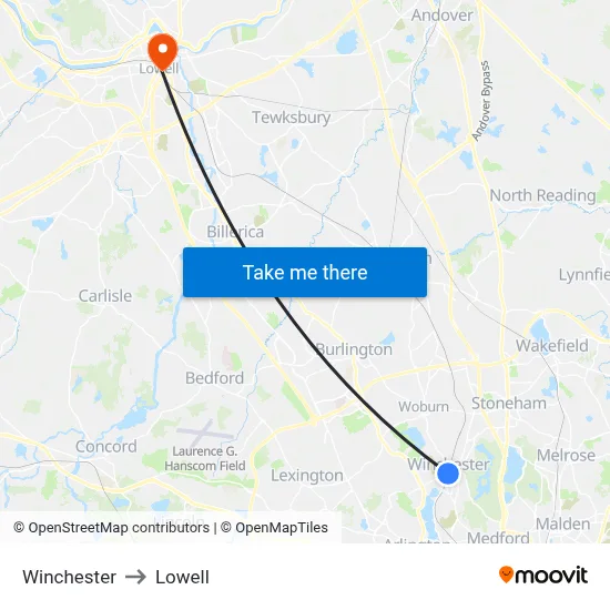 Winchester to Lowell map