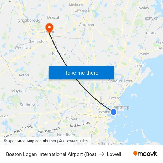 Boston Logan International Airport (Bos) to Lowell map