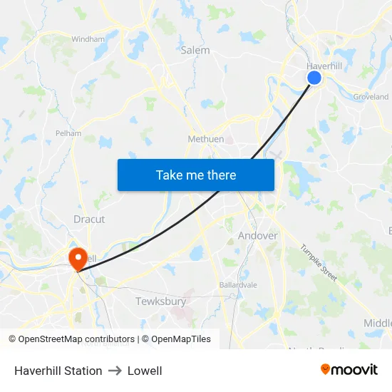 Haverhill Station to Lowell map