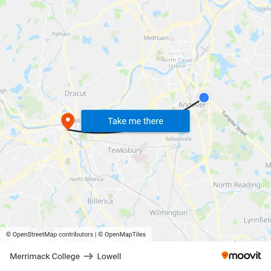 Merrimack College to Lowell map