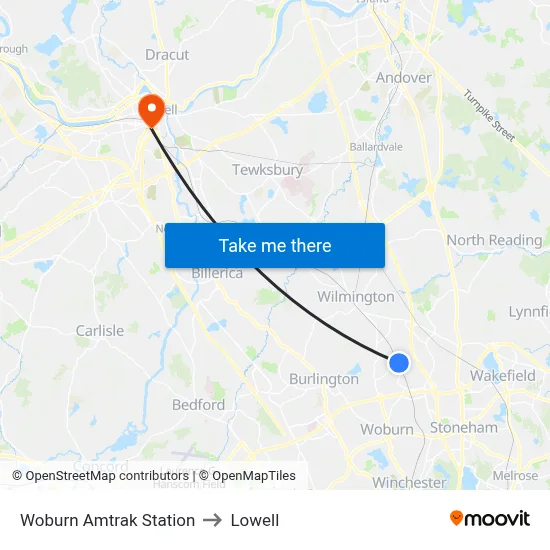 Woburn Amtrak Station to Lowell map