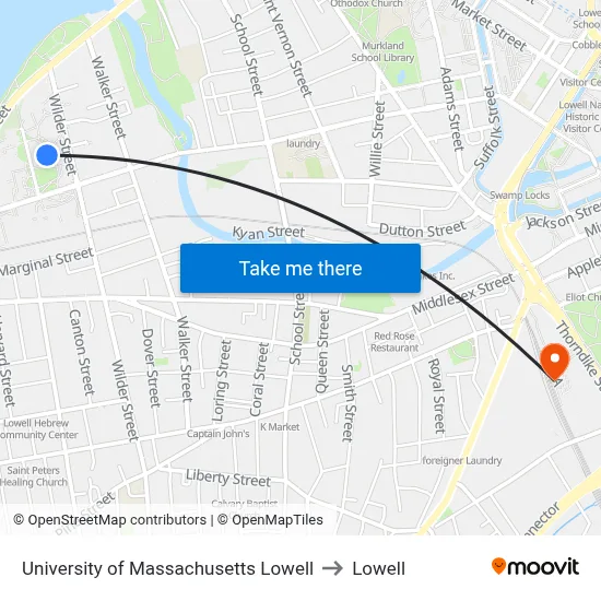 University of Massachusetts Lowell to Lowell map