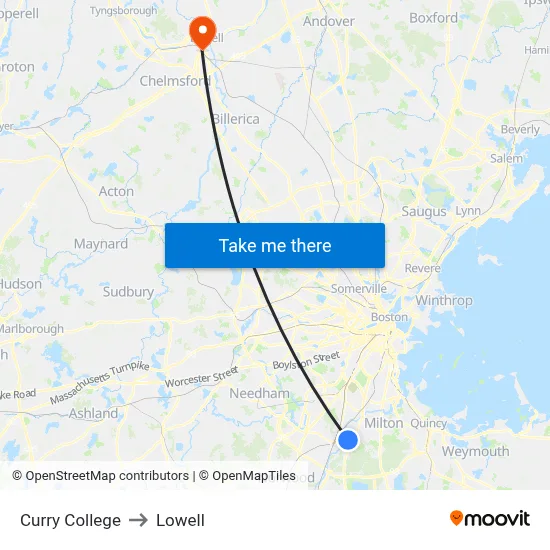Curry College to Lowell map