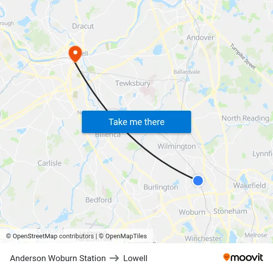 Anderson Woburn Station to Lowell map