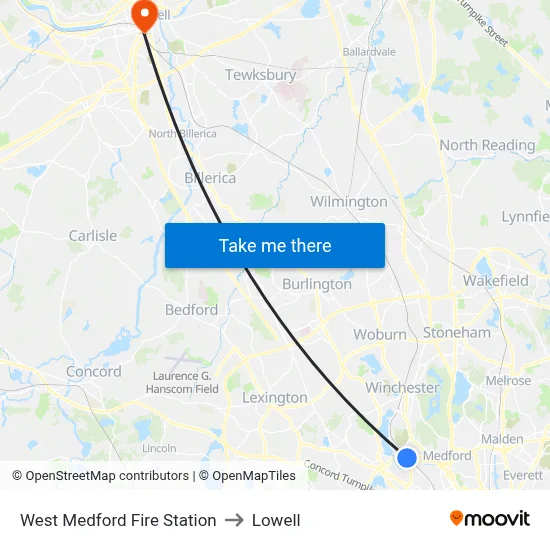 West Medford Fire Station to Lowell map
