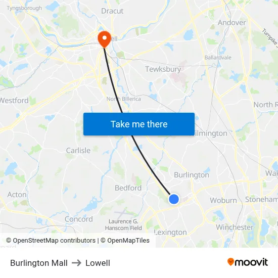 Burlington Mall to Lowell map