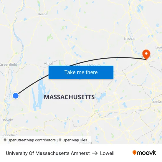 University Of Massachusetts Amherst to Lowell map