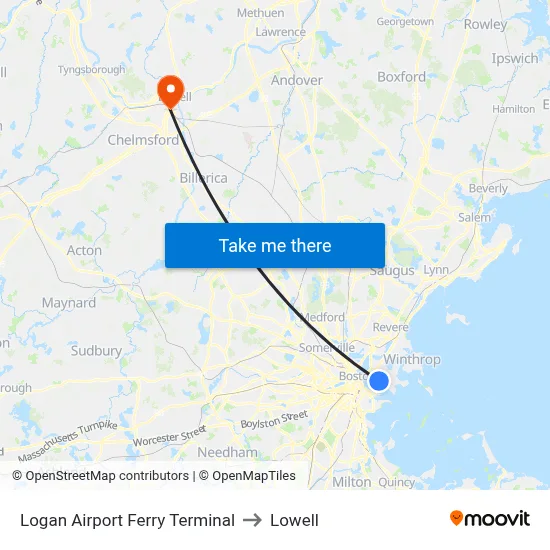 Logan Airport Ferry Terminal to Lowell map