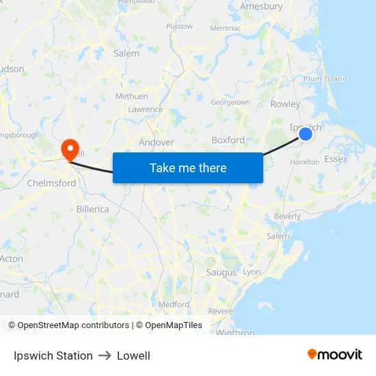 Ipswich Station to Lowell map
