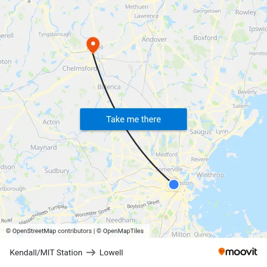 Kendall/MIT Station to Lowell map