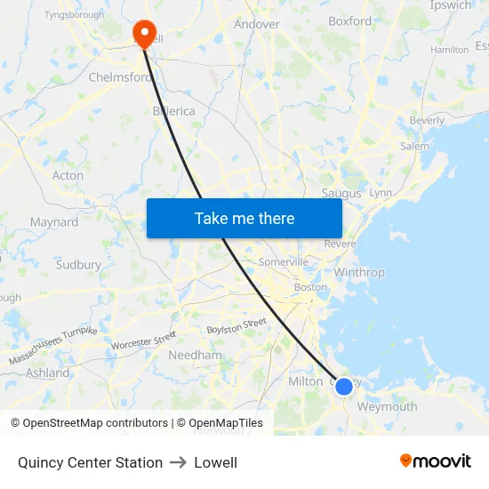 Quincy Center Station to Lowell map