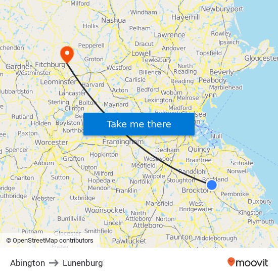 Abington to Lunenburg map