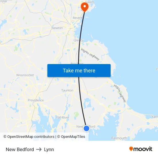 New Bedford to Lynn map