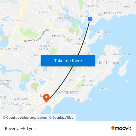 Beverly to Lynn map
