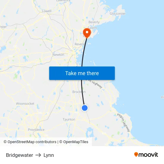 Bridgewater to Lynn map