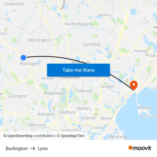 Burlington to Lynn map