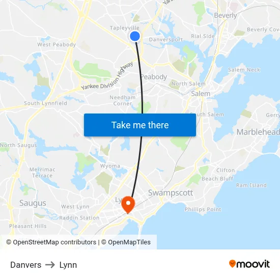 Danvers to Lynn map