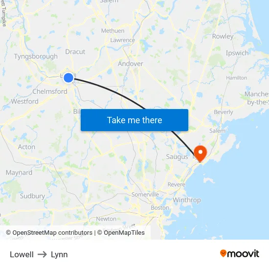 Lowell to Lynn map