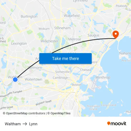 Waltham to Lynn map
