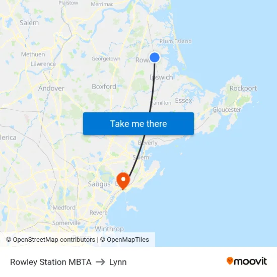 Rowley Station MBTA to Lynn map