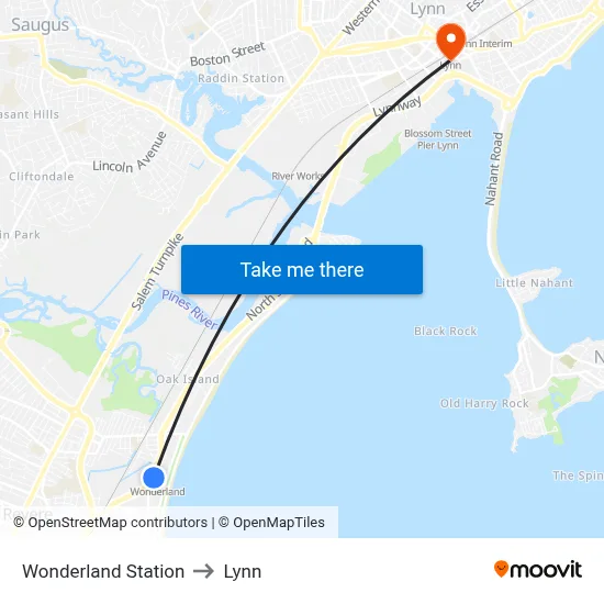 Wonderland Station to Lynn map
