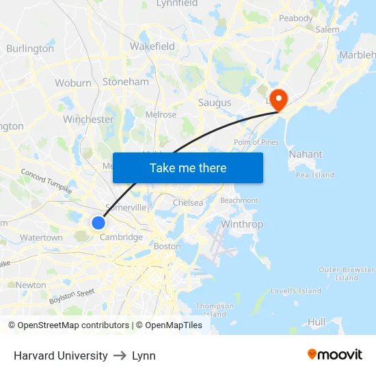 Harvard University to Lynn map