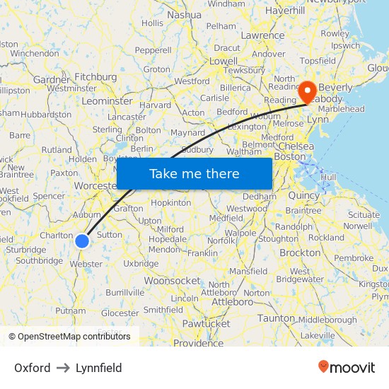 Oxford to Lynnfield map