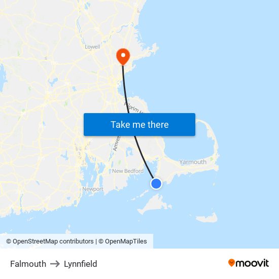 Falmouth to Lynnfield map