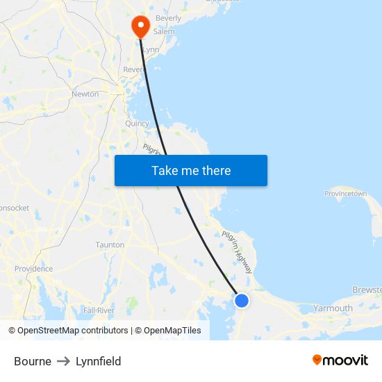 Bourne to Lynnfield map